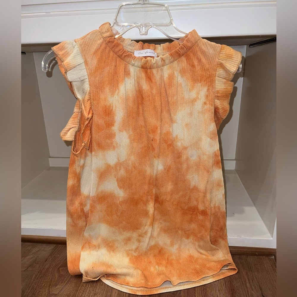 Orange and light yellow tie dye ruffle sleeve dressy shirt